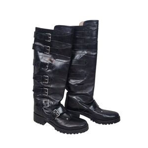 Cavallini Leather Knee High Boots Buckles Black Size 39/US 8.5/8 Moto Grunge